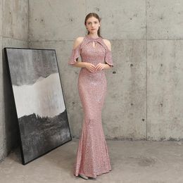 Party Dresses Wonderful Pink 2024 Long Mermaid Dress Evening Off The Shoulder O Neck Elastic Sequins Women Prom Gowns Wholesale