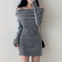 Casual Dresses Korean Fashion Sexy Knitted Dress Women Long Sleeve Off Shoulder Slash Neck Autumn Winter Solid Simple Mini