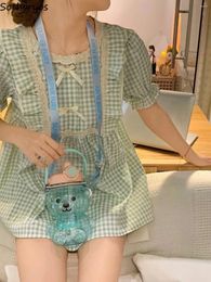 Women's Sleepwear French Style Summer Pyjama Sets Women Loose Sweet Chic Plaid Comfortable Princess Aesthetic Designed Ruffles