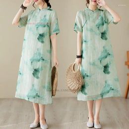 Ethnic Clothing 2024 Chinese Traditional Dress Cheongsam National Cotton Linen Qipao Retro Flower Print Oriental A-line