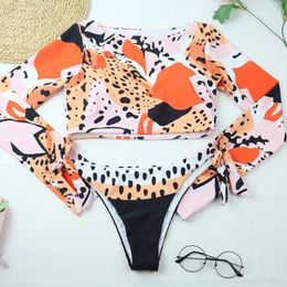 Women's Swimwear Two Pieces Swimsuit Leopard Printing Bikini Long Sleeve Sun Protection Rash Guard Padded Swimming Bathing Suits