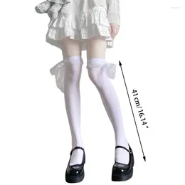 Women Socks Japanese Ribbon Lace Bow Thigh High Stockings Harajuku Solid Color Over Knee Long Student Tights