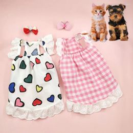 Dog Apparel Summer Clothes Plaid Love Printed Lace Dogs Cat Dress Bow Princess Pet Puppy Costume Sweet Mesh Skirt Clothing