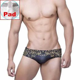 Men's Swimwear Swimwear Men Pad Swim Briefs Short Mens Vintage Gold Leaf Print Swimming Trunks Beach Shorts Beachwear Male Bikini Bathing Suit Y240517