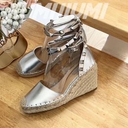 Sandals Summer S Genuine Leather Pointed Toes Wedges Woman Weave Platform Rivet Decora Ankle Strap Casual Fisherman's Shoes