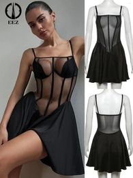Casual Dresses Black Sheer Mesh Patchwor A-Line Mini Dress Women Sexy Transparency Adjustable Straps See Through Coquette Bodycon