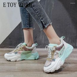 Fitness Shoes E TOY WORD 2024 Summer Mesh Sneakers Sequins Thick Bottom Daddy Women Sports Women's Small White