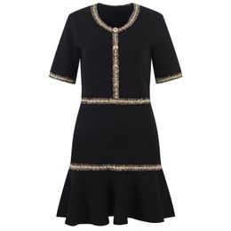 Summer Black Contrast Colour Panelled Dress Short Sleeve Round Neck Buttons Short Casual Dresses Y4W09223001