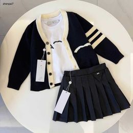 Top baby clothes kids tracksuits spring three-piece Size 90-140 CM girls Knitted cardigan base shirt and pleated skirt 24Mar