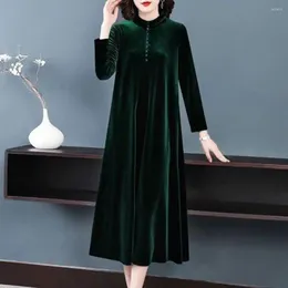Casual Dresses Fall Winter Women Velvet Dress Solid Colour Long Sleeves Loose Mother Elegant Button Mid-calf Length Maxi Foe Party