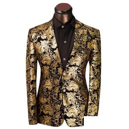 Mens Jackets Brand Clothing Luxury Men Suit Jacket Golden Floral Slim Fit Costume Homme Wedding Dress Size Xs-6Xl Drop Delivery Appa Dhibj