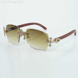 Sunglasses New cross fully inlaid diamond factory glasses 3524018 sunglasses natural original wood legs and 58 mm cut lenses