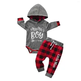 Clothing Sets Born Infant Baby Boy Fashion Clothes Letters Printed Hooded Bodysuit Top And Red Plaid Long Pants 2PCS Toddler Outfit Set