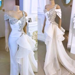 White Prom Jumpsuit with Crystal Detailing and Detachable Side Peplum Tail Off shoulder Mermaid Evening Gown Pant Suit 182E