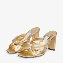 Famous Women AVENUE 85 mm Sandals Pumps Italy Luxurious Ladies Gold Metallic Napa Leather Muels Peep Toes Designer Summer Wedding Party Coarse Heel High Heels EU 35-43