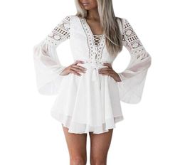 summer women girls white bohemian mini dress fashion spring solid lace casual clothes vneck long3069894