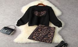 2023 Spring Long Sleeve Two Piece Suits Round Neck Black Panelled Heart Sweatshirt High Waist Leopard Print Mini Short Skirt 2 P6824186