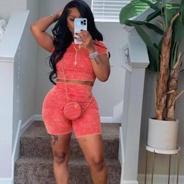Women's Tracksuits Women Summer Washed Printed Casual Two Piece Set Short Sleeve T-shirts Crop Tops High Waist Shorts Slim Jogger Suit