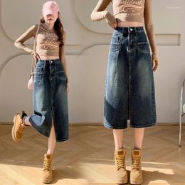 Skirts Ladies Korean Fashion Sexy Splicing Fold Woman Womens Medium-long Jean Skirt Casual Female Girls Denim BVAT7718