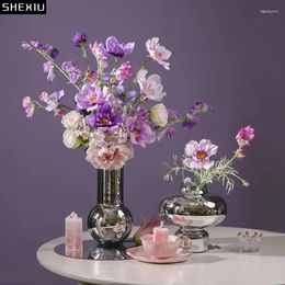 Vases Simplicity Silver Glass Vase Desk Decoration Crafts Hydroponics Flowers Pots Flower Arrangement Modern Home Decor Floral