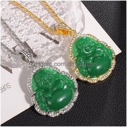 Pendant Necklaces Exquisite Green Imitation Natural Stone Maitreya Buddha Necklace Inlaid With Zircon Womens Amet Jewelry Gift Drop De Otv5L