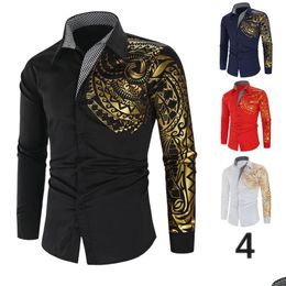 Mens Casual Shirts Luxury Gold Long Sleeve Shirt Business Dress Black Prom Social Print Drop Delivery Apparel Clothing Dh9C8