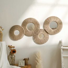 Decorative Objects Figurines Round Wall Mirror Hanging Mirrors with Woven Hemp Rope Boho for Decor Bedroom Living Room Bathroom H240516