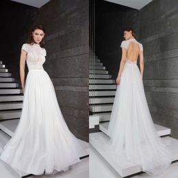 Tony ward 2019 Wedding Dresses High Neck Short Sleeve Lace Bridal Gowns Sexy Backless A-Line Wedding Dress Vestidos De Noiva 276B