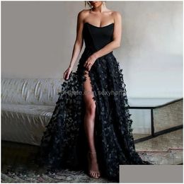 Basic Casual Dresses Womens 3D Embroidered Tube Top Mesh Sexy Elegant Tle Floral Back Tie Hem Slit Prom Formal Evening Dress Maxi D Dh5Zo