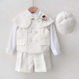 Clothing Sets Kid Clothing Set 9 Month-4 Y Birthday Dress Boy Girl Costume White Fashion Suit Gentleman Shawl Vest Shorts With straps Hat 5PCS Y240515