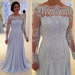 Elegant Lace Mother Of The Bride Dresses With Long Sleeves Bateau Neck A-Line Wedding Guest Dress Floor Length Chiffon Mother Groom Gow 176G