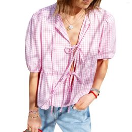 Women's Blouses Women Blouse Short Sleeve Tie-up Plaid Loose Elegant Summer Shirts Streetwear For Casual Daily