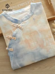 Women's Blouses Spring Cotton Halo Dyeing Shirt Women Stand Long Sleeve Top Girl Loose Literature Chinese Style Blouse 2024 Autumn T444107QC