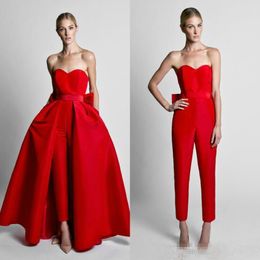 Krikor Jabotian Red Women Jumpsuits 2019 Prom Dresses Sweetheart Satin Bow Sash Evening Gowns With Detachable Train Long Part Dresses 304I