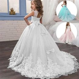 Girl's Dresses 6-14 Lace Tulle Flower Girl Dress with Bow Childrens First Communication Ball Dress Wedding Party Bride Dress WX