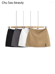 Skirts Chu Sau Beauty 2024 Women Fashion Sweet V-waist Chic Split Mini Skirt Sexy Slim Super Short Y2K Hip Wrap Skorts