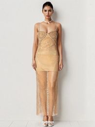 Casual Dresses Sexy Women Khaki Sleeveless Diamonds Straps Mesh Long Dress V Neck Slim Elegant Evening Party Runway Gowns