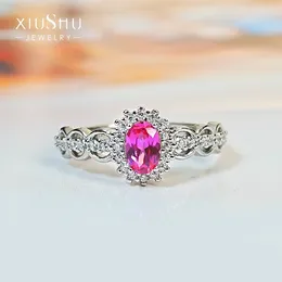 Cluster Rings Artificial PinkTourmaline 925 Silver Royal Blue Ring Inlaid With High Carbon Diamond Niche Design Simple Daily Retro Hollow