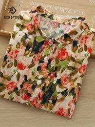 Women's Blouses Spring Cotton Rose Printed Shirt Women Lapel Long Sleeve Tops Girl Loose Fashion Literature 2024 Autumn T444104QC