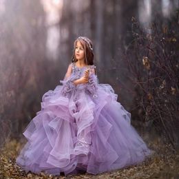 Purple Long Sleeve Tulle Princess Flower Girl Dresses 2020 Layered Ruffle Beads Little Girls Pageant Dresses Girls' Formal Party W 3199