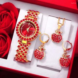 Wristwatches Luxury Watch Women Red Necklace Earring Rhinestone Fashion Wristwatch Casual Ladies Watches Jewellery Set Relogio Feminino