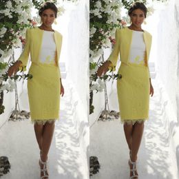 yellow mother of the bride dresses with jacket knee length lace appliqued mother wedding guest dress jewel neck evening gowns 227S