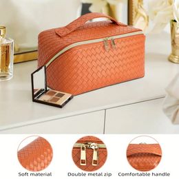 Travel Makeup Bag for Women, Large Opening Cosmetic Bag with Handle and Dividers, Portable Waterproof Leather Toiletry Bag for Traveling