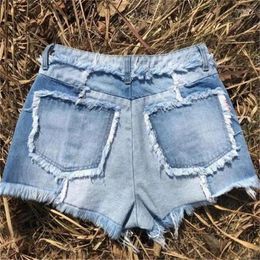 Women's Jeans Summer Fashion Women Light Blue Paper Bag Waist Denim Shorts With Tassel Fringe