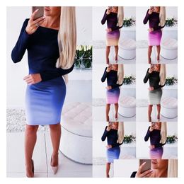 Basic Casual Dresses Lady Elegant Dress Womens Long Sleeve Stretch Bodycon Plain Tunic Gradient Clothes Drop Delivery Apparel Clothi Dhdyi