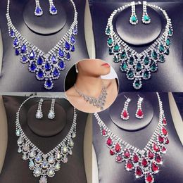 Wedding Jewellery Sets Crystal Blue Red Bridal Set Teardrop Shape Necklace Earrings Fashion Party Womens Accessories