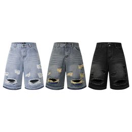 Man Street Washed Old Worn-out Hole Denim Short Mens Baggy Jeans Womens Fashion Loose Wide Leg Shorts Jean Designer Blue