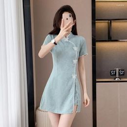 Women's Tracksuits Summer Cotton Two-piece Set For Women Mini Split Dress Tops And Shorts Female Large Size Green Chinese Style Matching