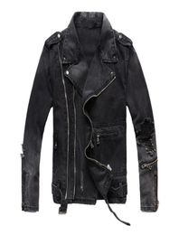 Unique Mens More Zipper Black Denim Jackets Ripped Fashion Designer Slim Fit Streetwear Motorcycle Biker Epaulet Jeans Jacket Coat7846724