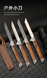 DAMASCUS LÄDER FOLD KNIVER Multifunktion utomhus camping snabb öppen kniv rostfritt stål bärbar spännkniv
